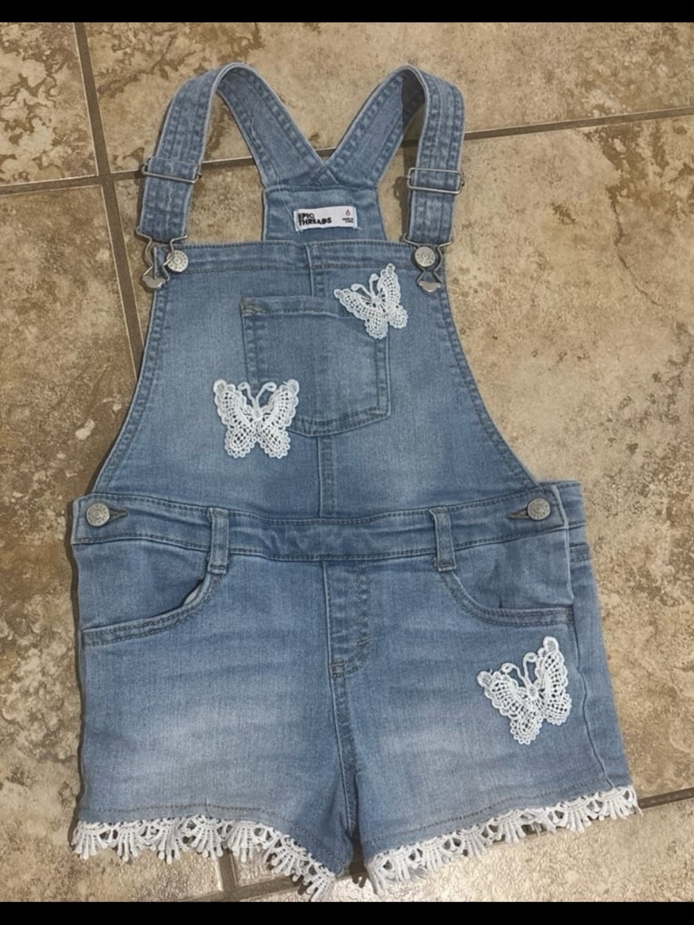 Epic Threads Baby Girl Blue Denim Short Overalls with Butterfly Appliqués